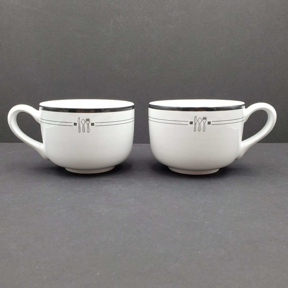 Emeril EMI2 Large Coffee Mugs Soup Mugs White Mug Black Bands Knife Fork Spoon
